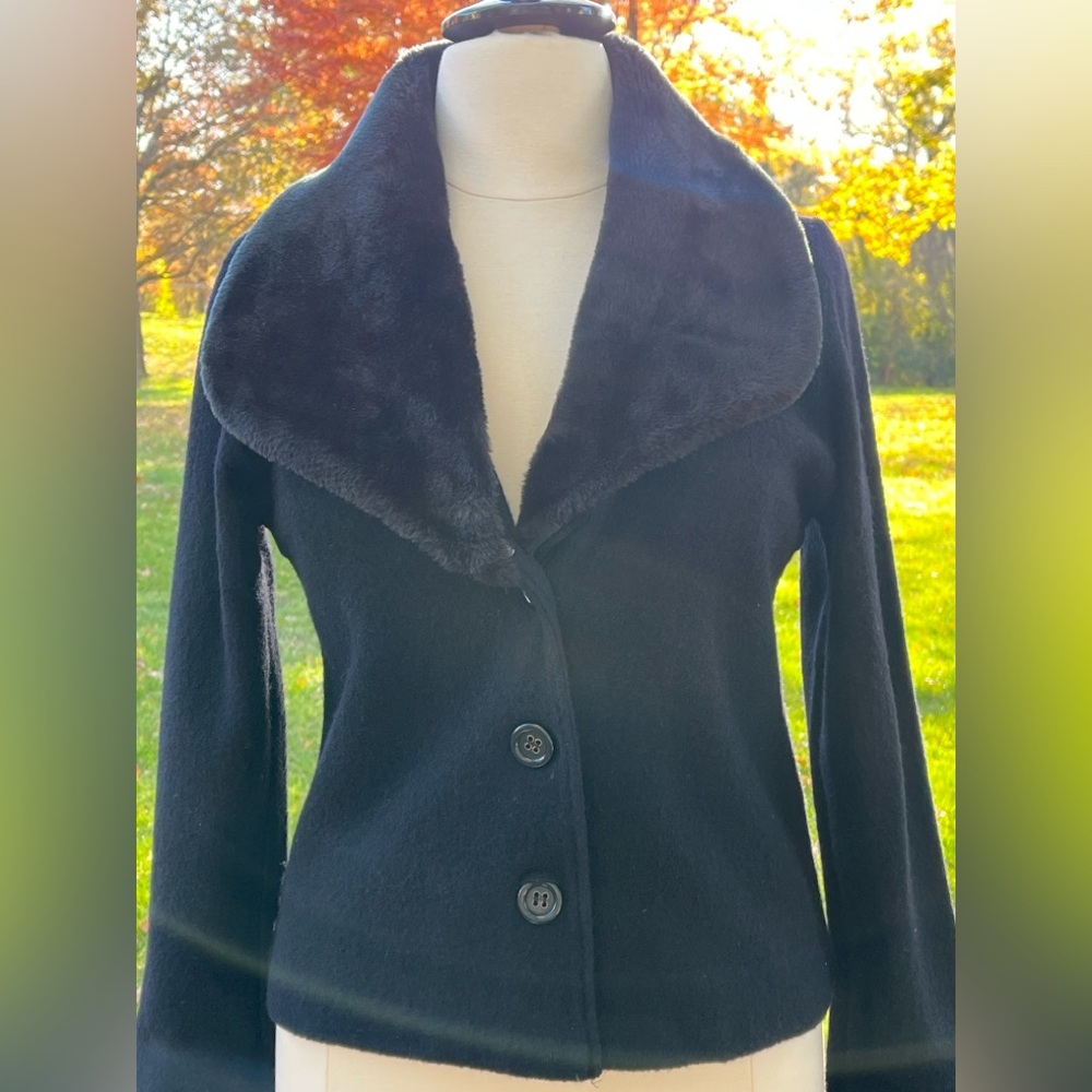 Marisa Christina 100% Wool Jacket w/ Plush Faux Fur Shawl Collar | Black Size L